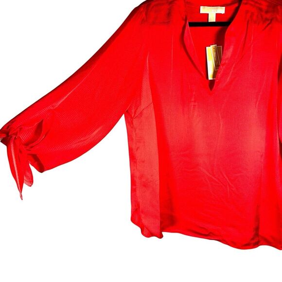 MICHAEL Michael Kors Solid Satin Tie Sleeve Split V-Neck Woven Blouse Size XL - Picture 4 of 13